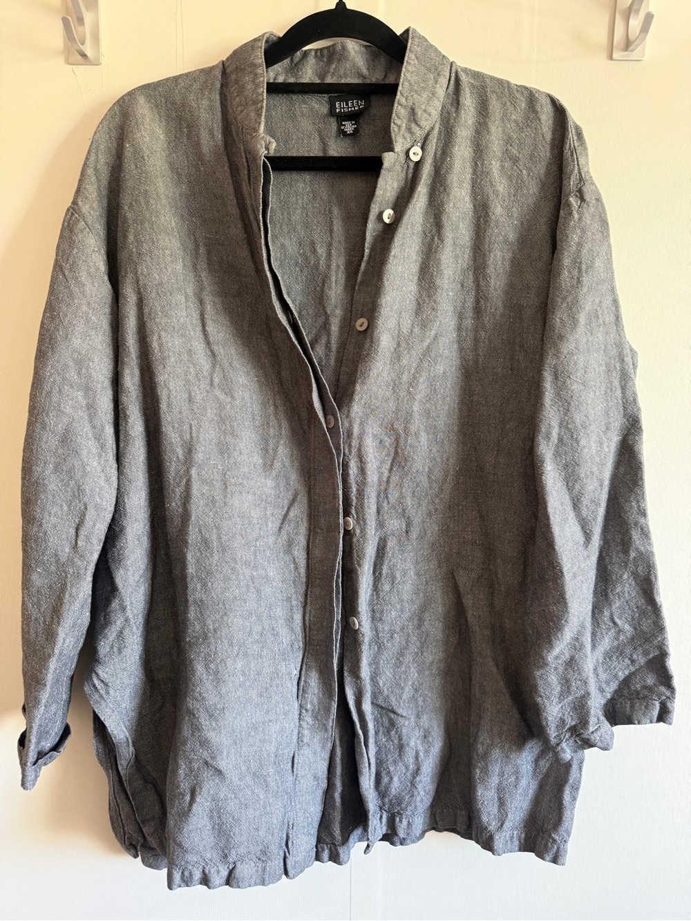Eileen Fisher XS Grey Italian Linen Oversized Button Front Tunic Shirt Made USA
